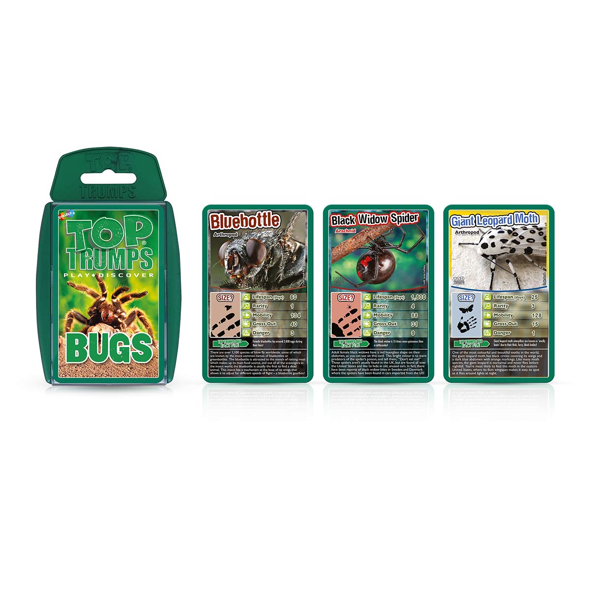 Top Trumps Bugs Classic Card Game, learn facts about the Black Widow, furry Tarantula, Praying Mantis and the Ladybird in this educational packed game, gift and toy for boys and girls aged 6 plus