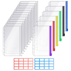 18 Pcs Budget Binder Pockets, A6 Cash Envelopes 6 Holes PVC Zipper Folders Zipper Loose Leaf Bags with Label Stickers for Cash, Money, Cards, Bill, Photos (12 Pcs Transparent and 6 Pcs Multicolor)