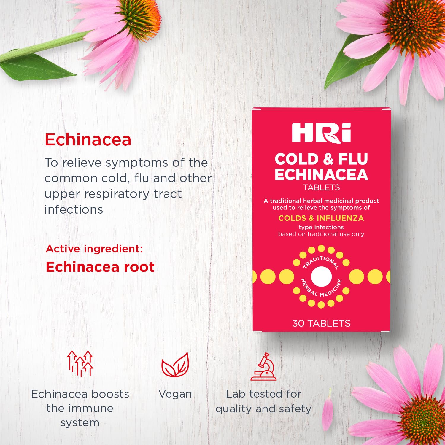 HRI Cold and Flu Echinacea - 30 Tablets. to Relieve The Symptoms of Colds and Flu Type Infections. 338 to 450 mg of Echinacea Purpurea. 1 Pack