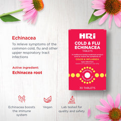 HRI Cold and Flu Echinacea - 30 Tablets. to Relieve The Symptoms of Colds and Flu Type Infections. 338 to 450 mg of Echinacea Purpurea. 1 Pack