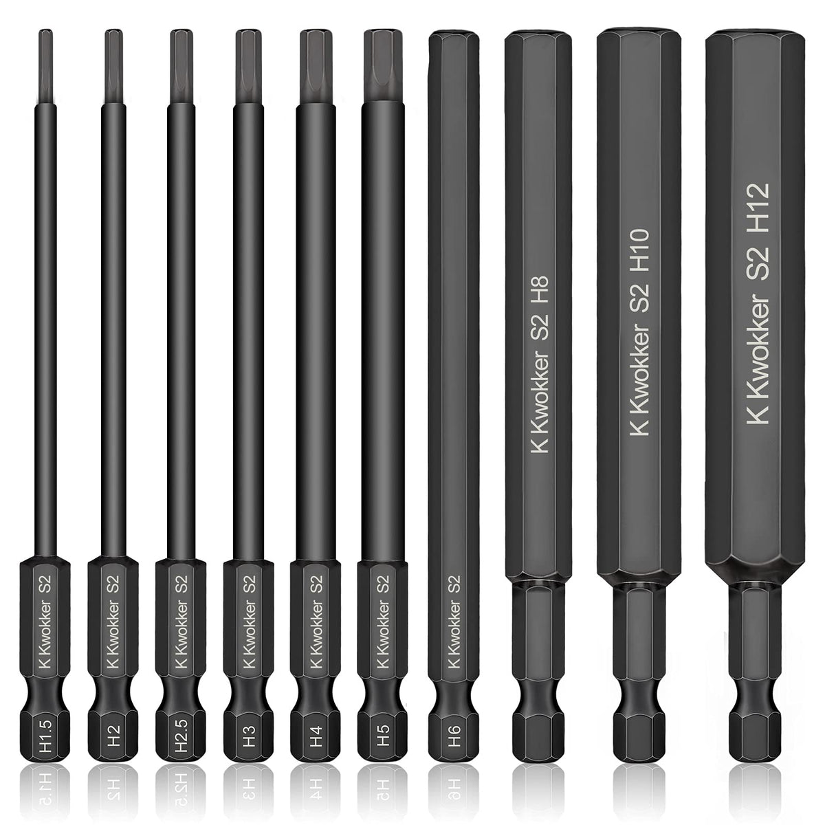 K Kwokker 10PCS 100MM Allen Wrench Drill Bits, 1.5mm-12mm Black Allen Key Bit Set, 1/4 Inch Hex Shank Hex Screwdriver Bit Set for Assembling Furniture