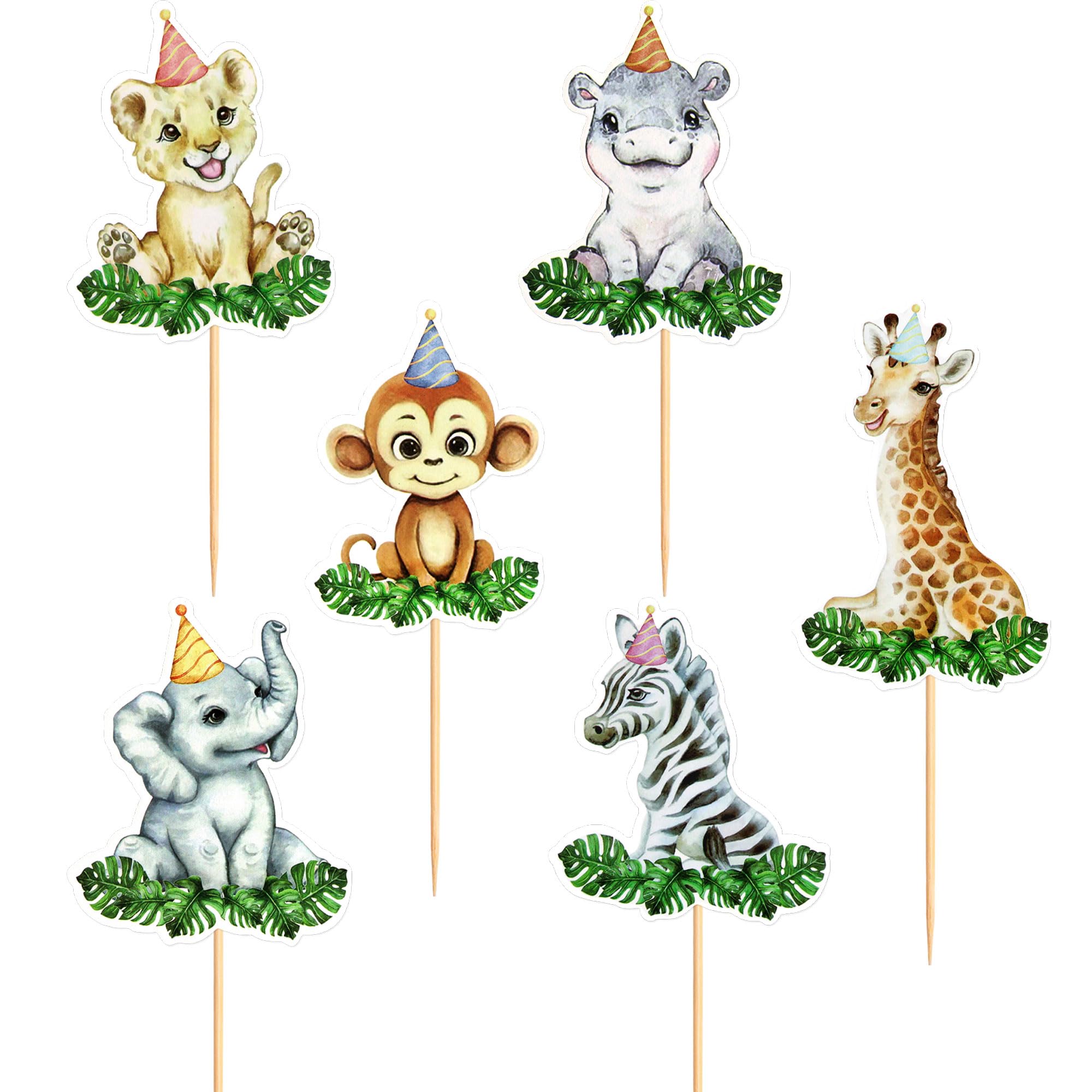 Blumomon 24Pcs Jungle Safari Animal Cupcake Toppers Happy Birthday Cake Decor for kids Wild Jungle Animal Theme Birthday Party Supplies Celebrating Party Events Baby Shower