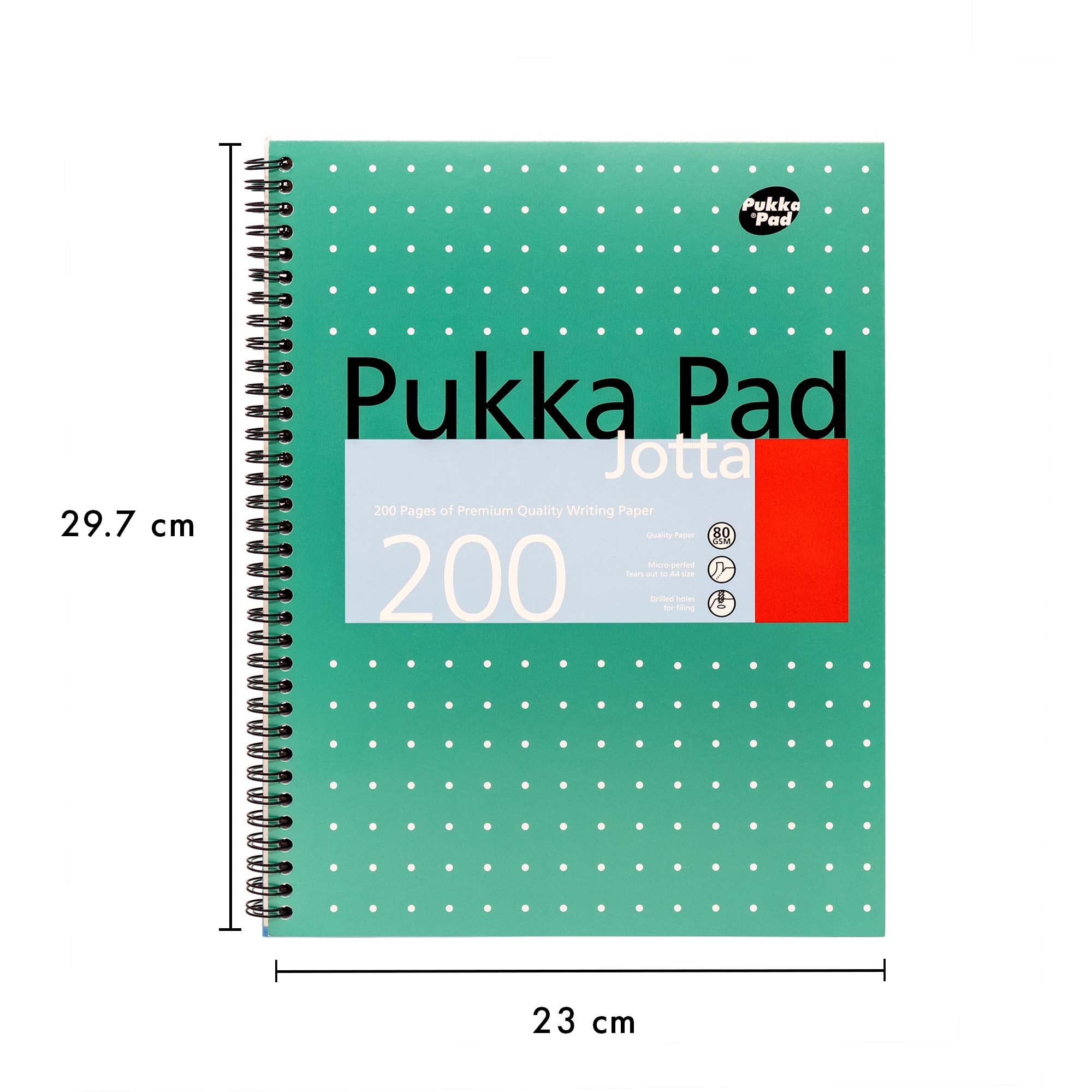 Pukka Pad, A4and Metallic Jotta Book 1 Pack –22.5 x 29.6cm–Wirebound Notebook with 8mm Lines and 80GSM Paper –Features 4-Hole Punch Margins and Perforated Edges -200 Pages, Green