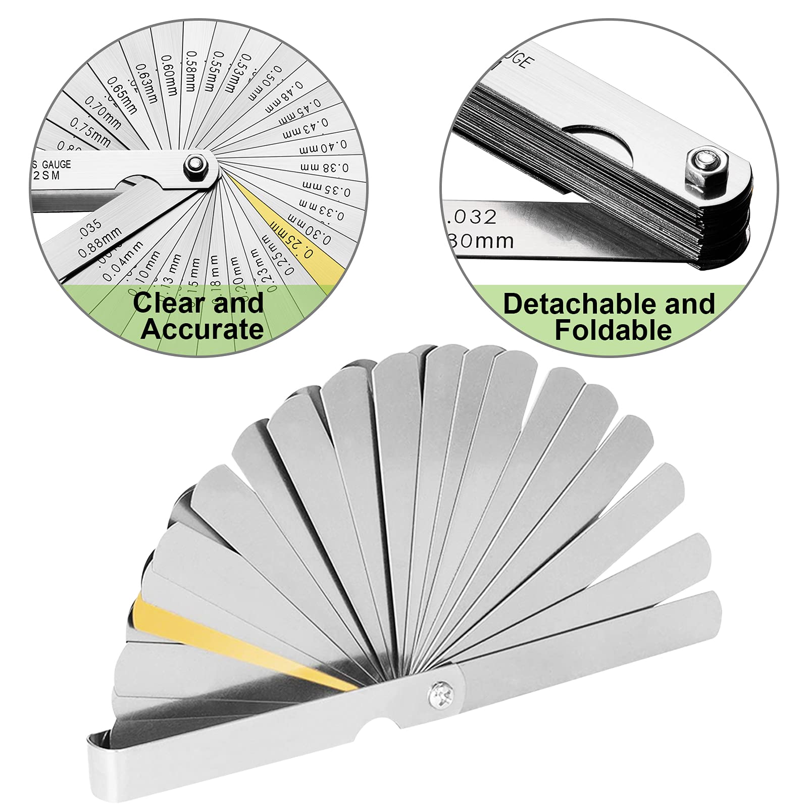 Spurtar Universal Stainless Steel Feeler Gauges 32 Blades 0.04-0.88 mm (0.0015-0.035 Inch) Imperial/Metric for Measuring Gap Width Thickness Widely Used for Guitar, Spark Plug, Piston Measure