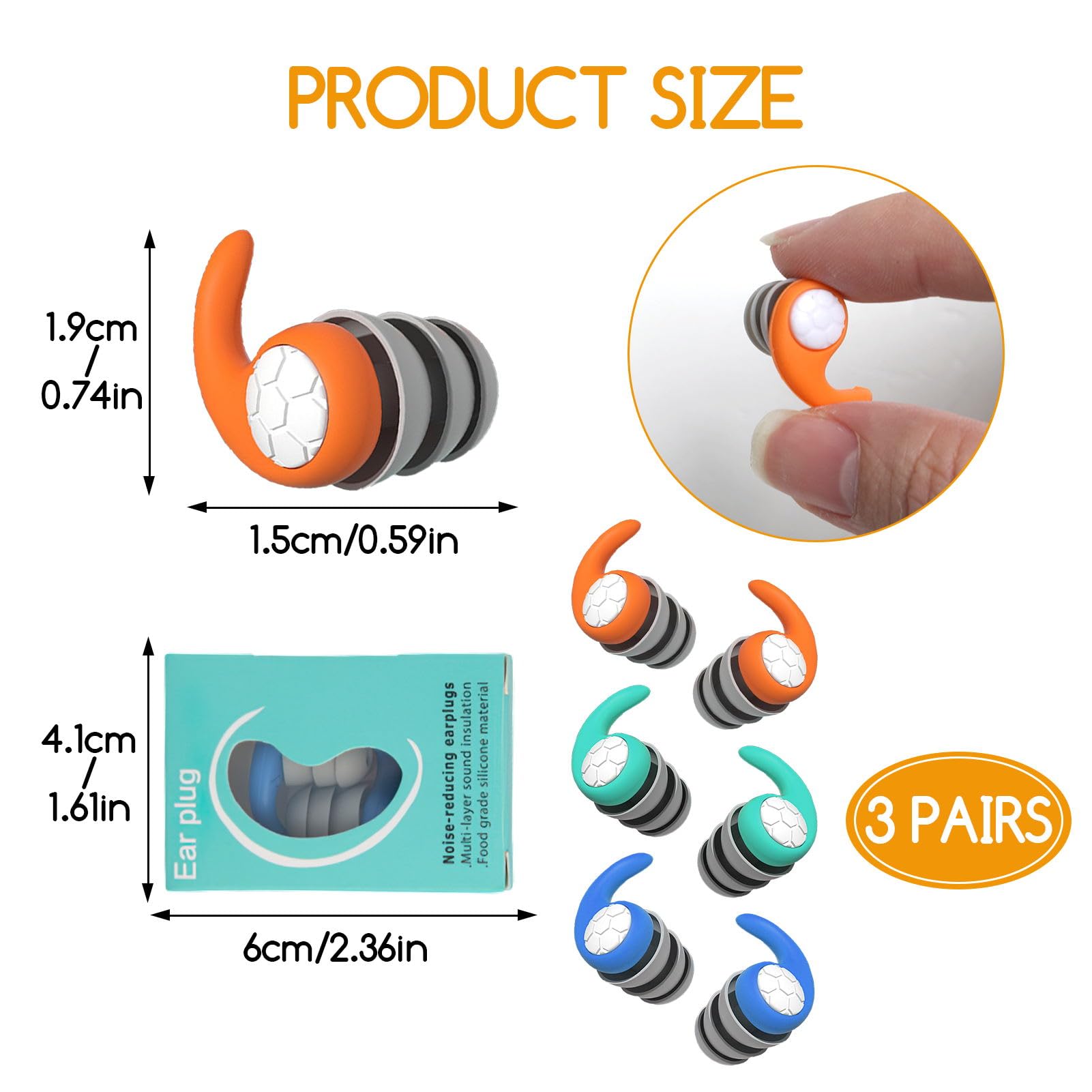 3 Pairs Waterproof Swimming Ear Plugs for Adults Reusable Soft Silicone Earplug Noise Reduction Swim Protection for Swimming Diving Surfing Showering Bathing and Other Water Sports (Orange Green Blue)