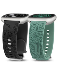 TOYOUTHS 2 Packs Floral Compatible with Fitbit Versa 4/Versa 3/Sense 2/Sense Straps, Soft Silicone Engraved Henna and Dandelion Pattern Sport Strap for Versa 3/4 Sense 1/2, StarlightandGreen