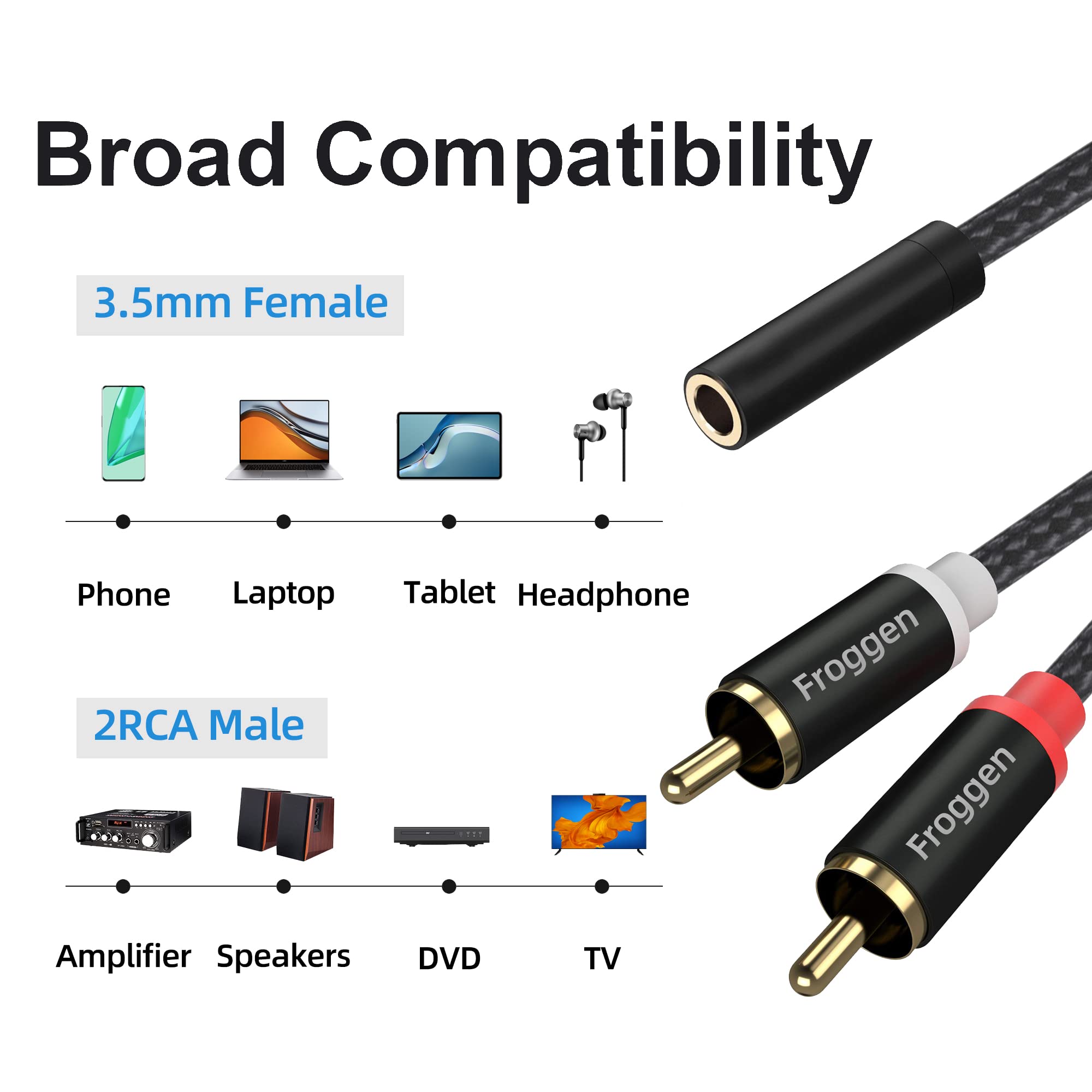 Froggen RCA to 3.5mm Adapter 2 Phono Male to Female Mini Jack Cable Y Splitter Connector Headphone Stereo Audio Lead Compatible with iPhone Tablet Soundbar Hi-Fi Speaker Amplifier Car Turntable Mixer