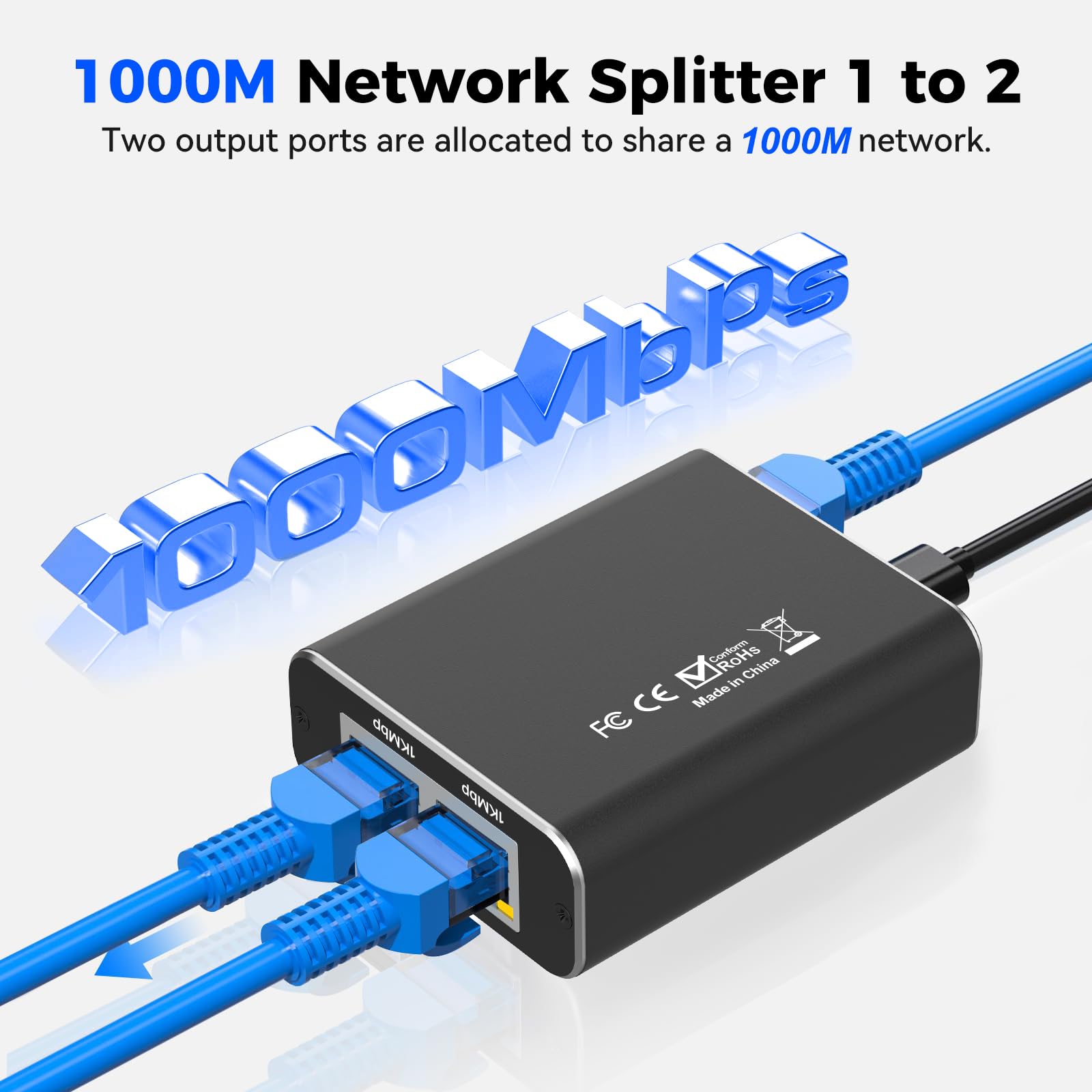 Ethernet Splitter 1 to 2, Gigabit Ethernet Switch, 1000Mbps RJ45 LAN Internet Splitter with USB-C Power Cable for Computer, Hub, Switch, Router, ADSL, Digital TV, etc Working Simultaneously