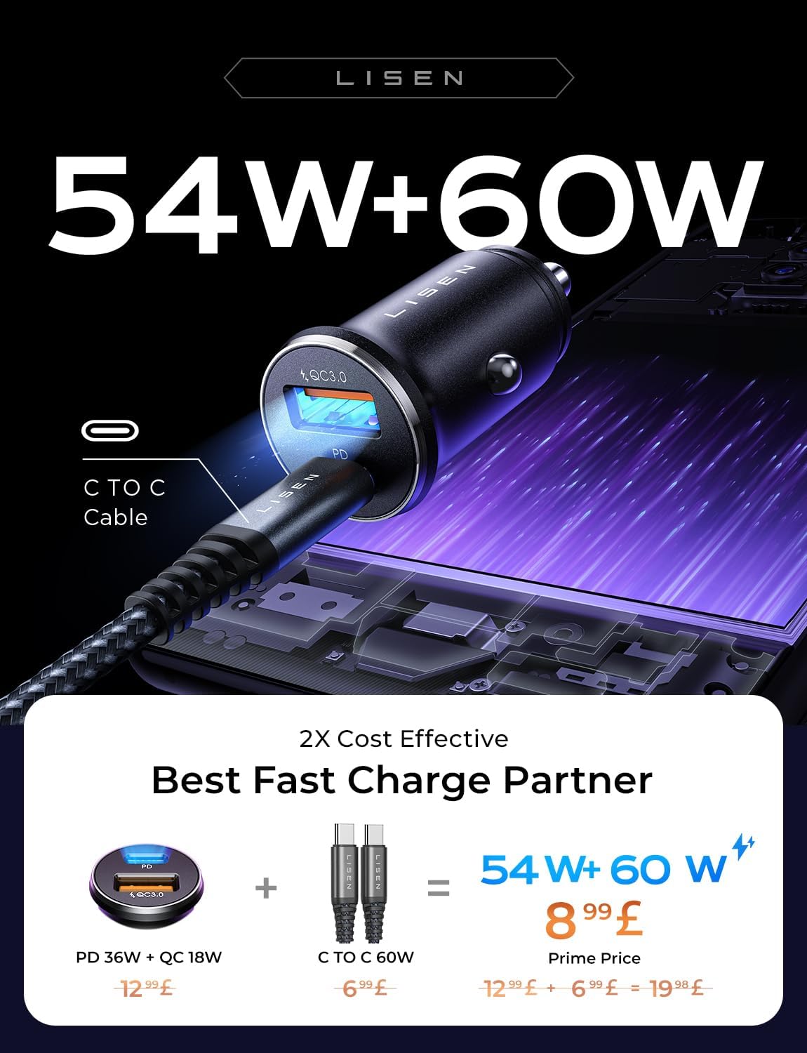 LISEN Car Charger Adapter USB C 54W 12V USB Socket [USB C 36WandUSB A 18W] with 60W 3.3ft USB C Cable PD3.0 Car Phone Charger Fast Charge Cigarette Lighter USB Charger for iPhone 15 Pro Max Samsung iPad