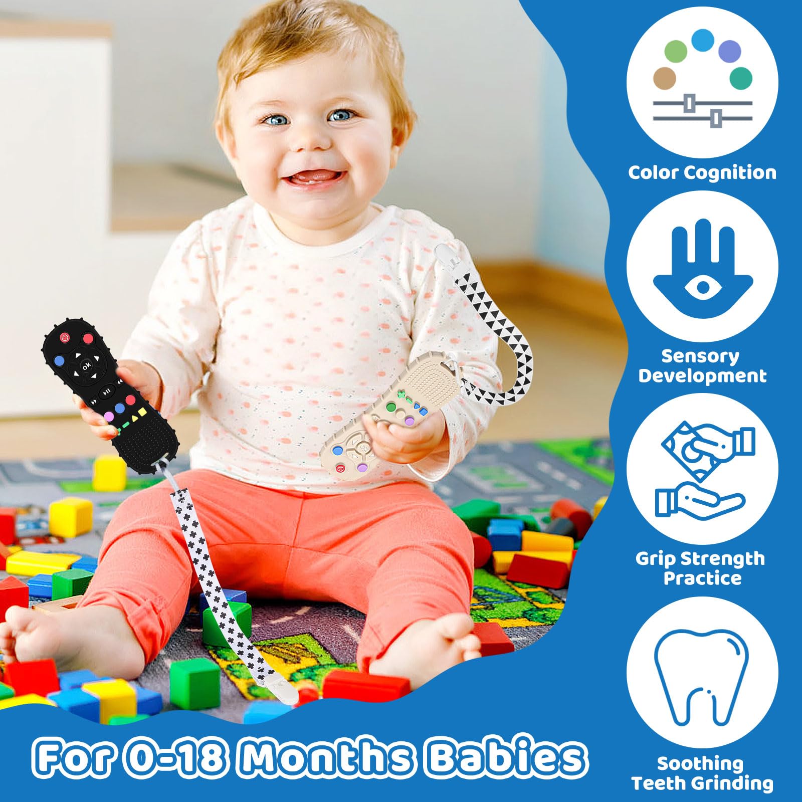 2 Pack Teething Toys for Baby, Silicone Remote Control Teething Toy for 0-6 Months Baby Sensory Chew Toy with Dummy Clip for Babies 6-12 Months, Toddler Infant Newborn Toys Baby Gifts（Black & White）