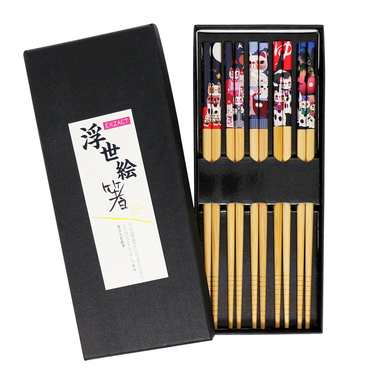 Exzact Chopsticks Gift Set - 5 Pairs of Reusable Natural Bamboo Chopsticks in a Beautiful Black Handmade Box - Decorated Japanese Lucky Cat/Fortune Cat Style