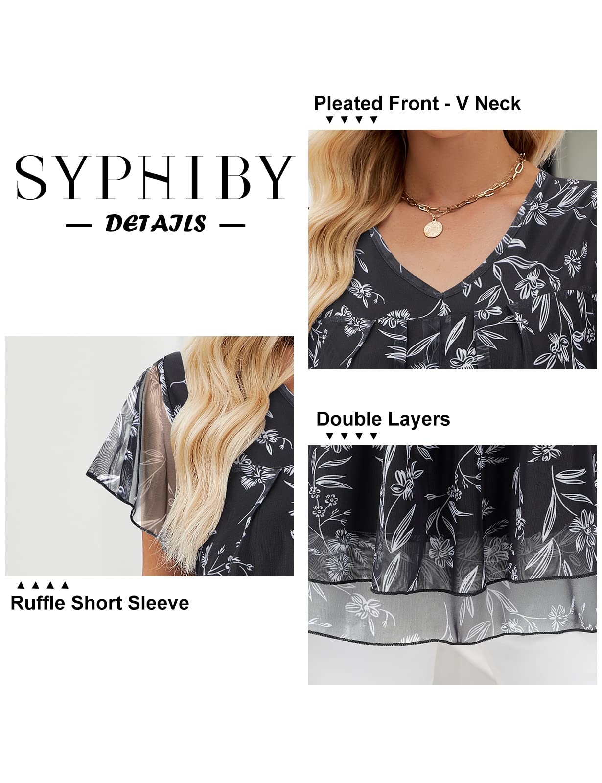 Syphiby Summer Tops for Womens, Womens Dressy Tops Floral Blouses for Women Ruffle Short Sleeve Flowy Pleated Shirts Mesh Tunic Tops for Work Business Office Party Ladies Tops, Black-Medium