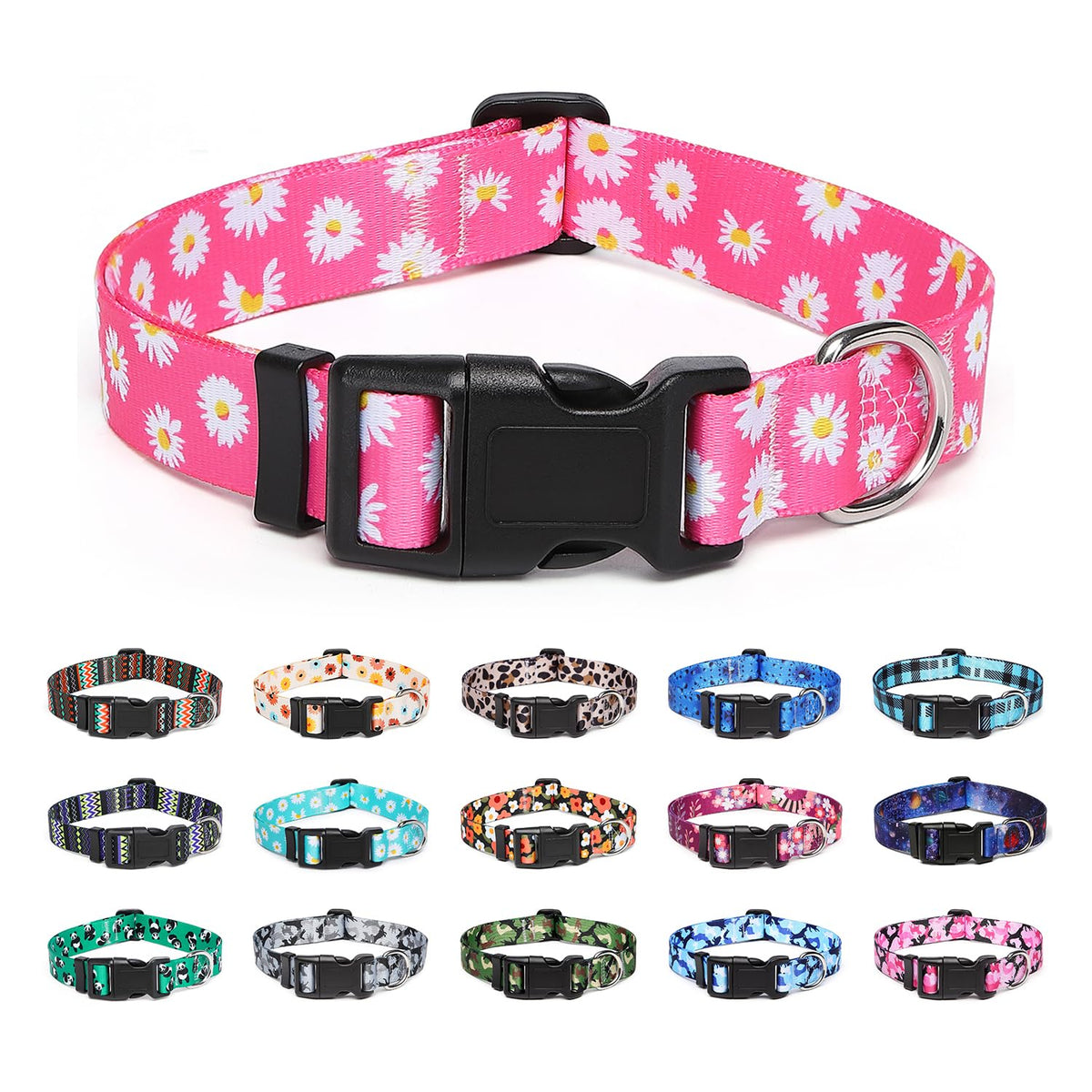 Suredoo Adjustable Dog Collar with Patterns, Ultra Comfy Soft Nylon Breathable Pet Collar for Small Medium Large Dogs (L, Pink Daisy)