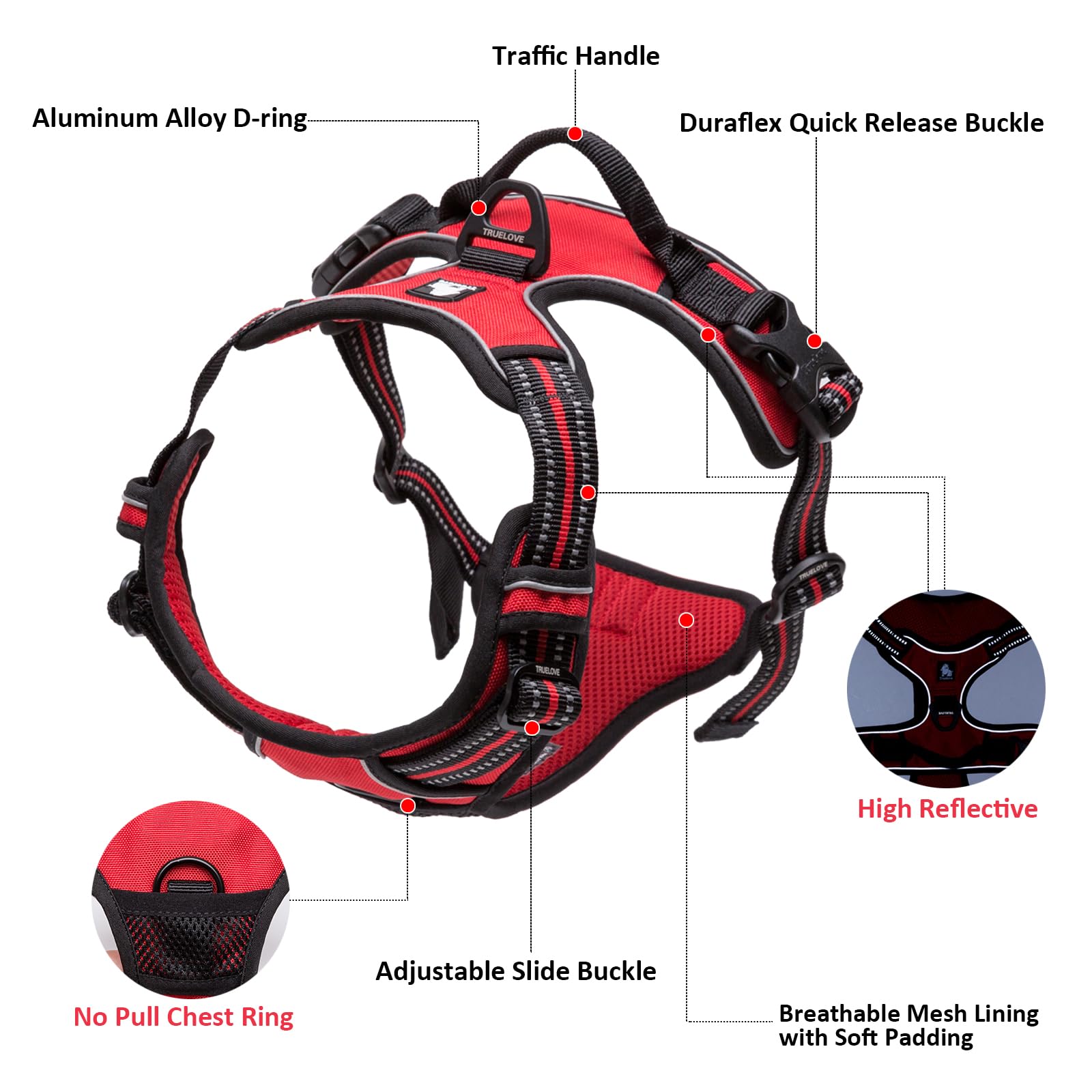 TrueLove Dog Harness TLH5651 No-pull Reflective Stitching Ensure Night Visibility, Outdoor Adventure Big Dog Harness Perfect Match Puppy Vest Now Available (Red,XS)