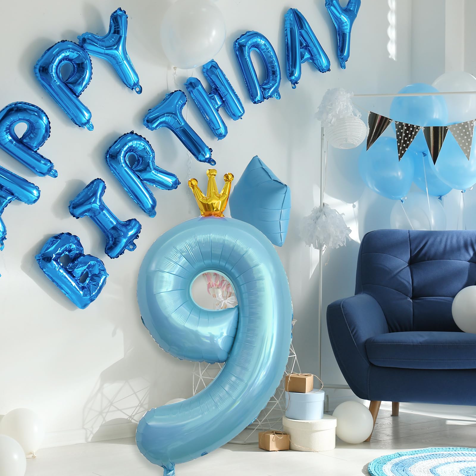 ASTARON Number 9 Balloon 40 Inch Number Balloons for Birthday Party Decorations， Blue 9th Birthday Balloons with Crown for Boys Birthday Decor Anniversary Decorations