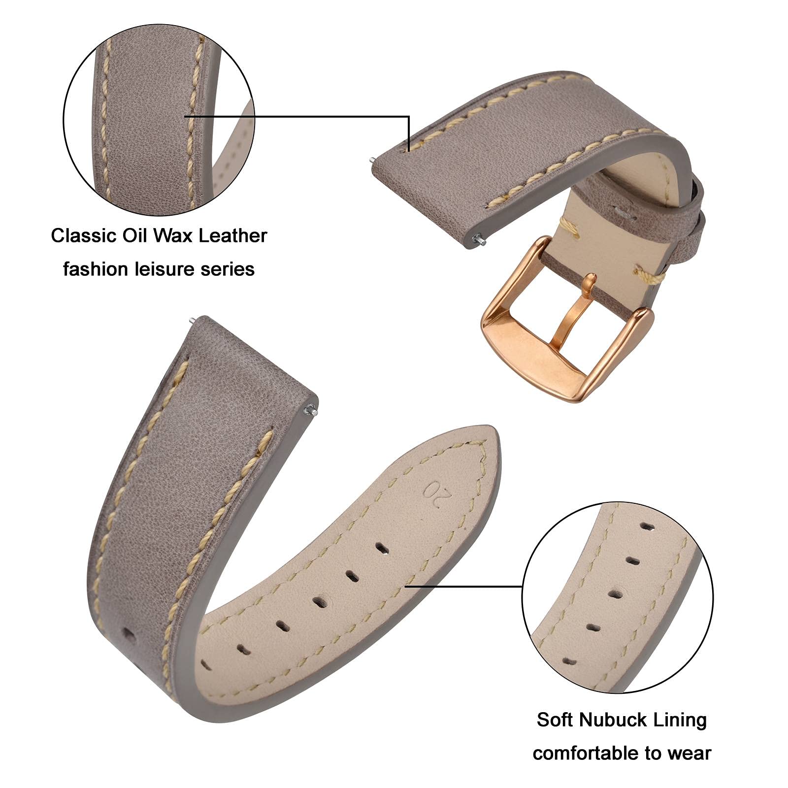 ANNEFIT Watch Band 21mm with Rose Gold Buckle - Classic Oil Wax Leather Quick Release Watch Strap (Grey)