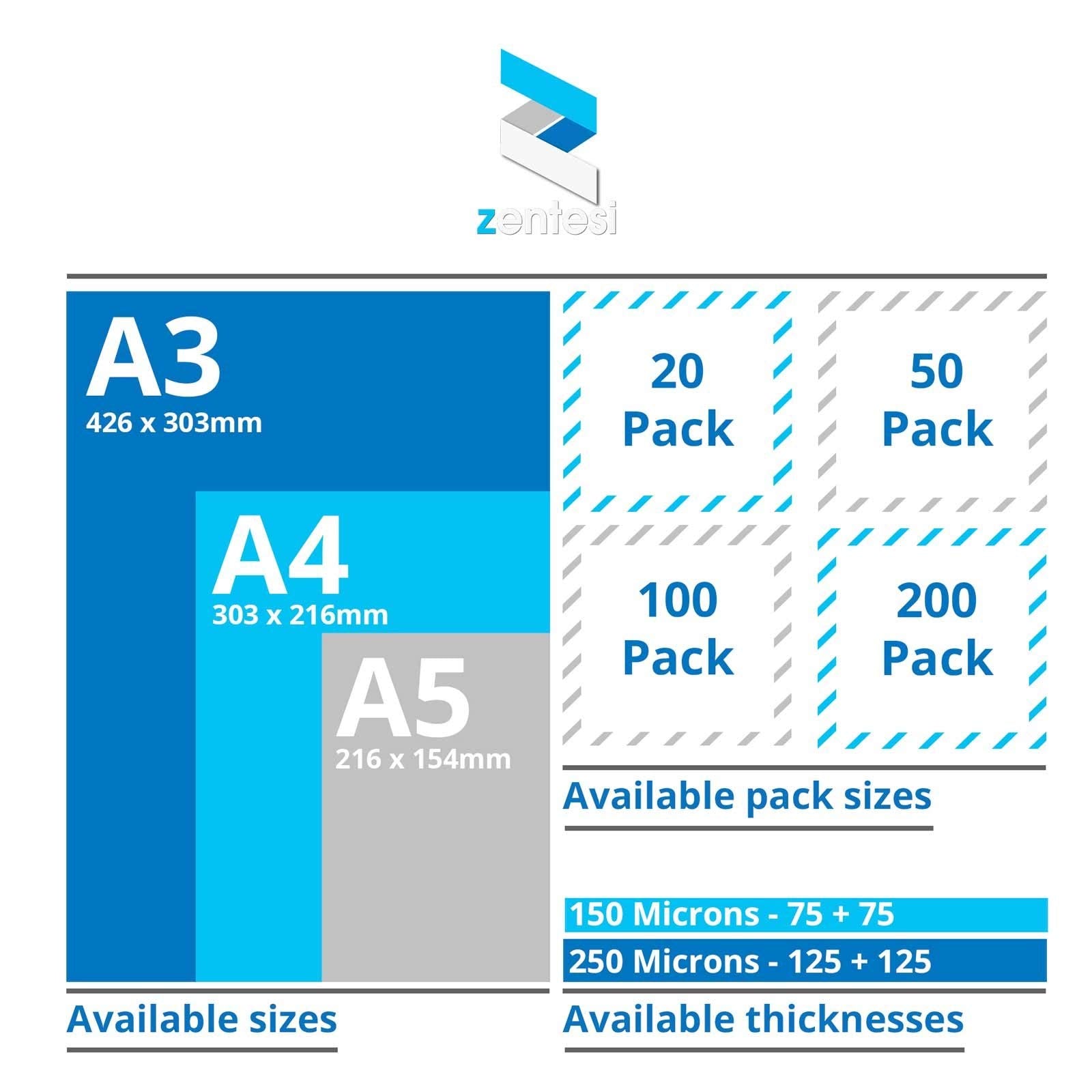 Zentesi A4 Laminating Pouches High Gloss Laminator Sleeves 150 Micron (75 and 75 Microns) Glossy Laminate Pouch Sheets - Pack of 50