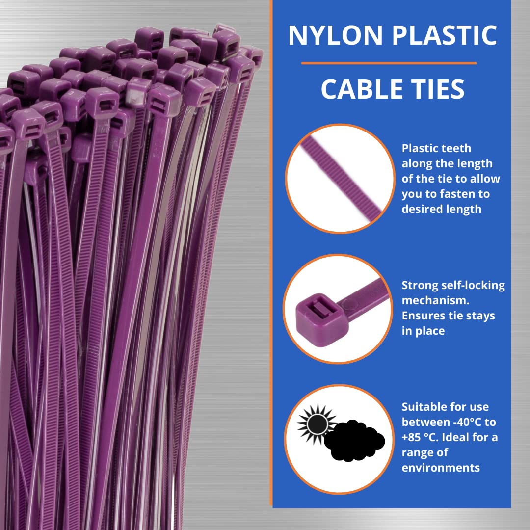 Gocableties Purple Cable Ties, 300mm x 3.6mm, Pack of 100, 12” Premium Nylon Zip Ties, Multi-Purpose Plastic Tie Wraps, Secure Self-Locking Mechanism, for Home, Garden, Office and DIY