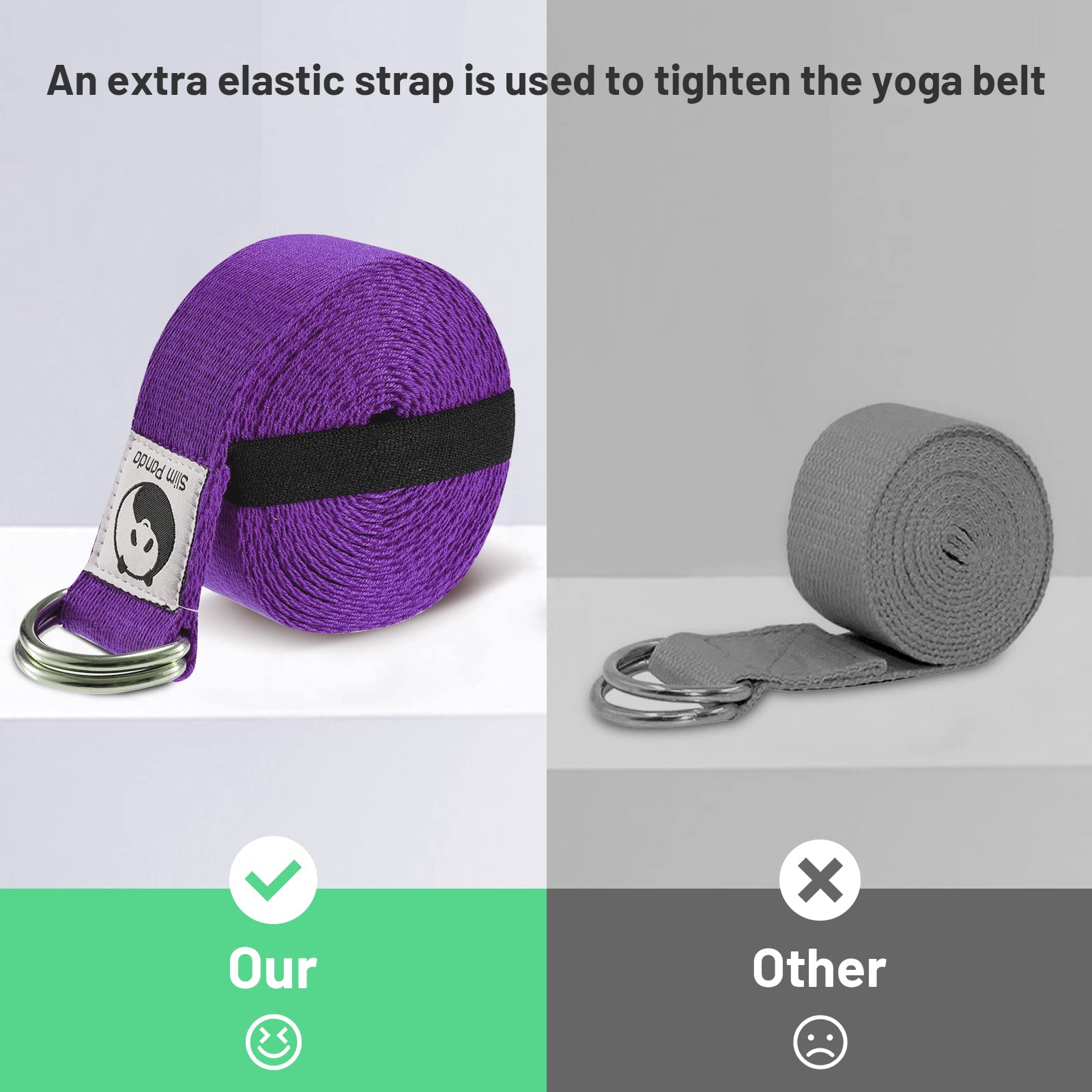 Slim Panda Yoga Belt Strap with Double D Rings Buckle 1.85 or 2.5M, Durable Cotton Adjustable Belt Perfect for Holding Poses, Improving Flexibility and Physical Therapy, Purple