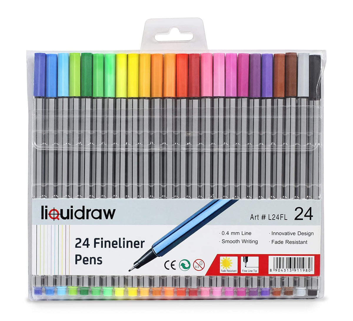 Liquidraw 24 Fineliner Colouring Pens Set Fine Point Pens 0.4mm Assorted Colours, Fineliners Coloured Pens, L24FL