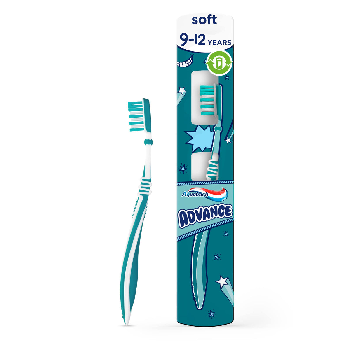 Aquafresh Advance Kids toothbrush. Developed by dental experts for children aged 9-12 years old. In plastic-free packaging. Soft interdental bristles