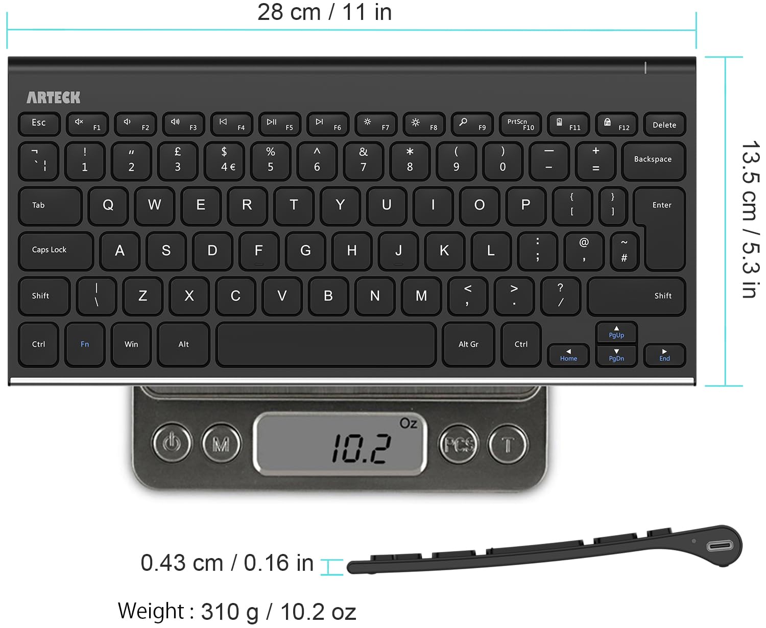 Arteck 2.4G Wireless Keyboard Stainless Steel Ultra Slim Full Size Keyboard for Computer/Desktop/PC/Laptop/Surface/Smart TV and Windows 10/8 / 7 Built in Rechargeable 6-Month Battery