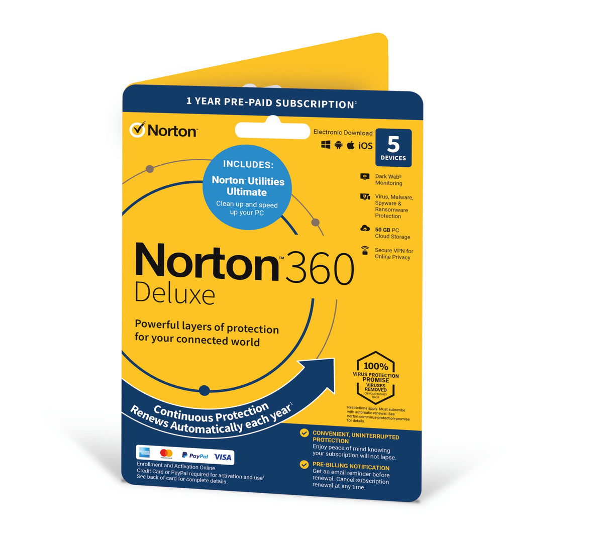 Norton 360 Deluxe and Utilities Ultimate, Antivirus software for 5 Devices and 1-year subscription with automatic renewal, Includes Secure VPN, PC/Mac/iOS/Android - Activation Code by Post