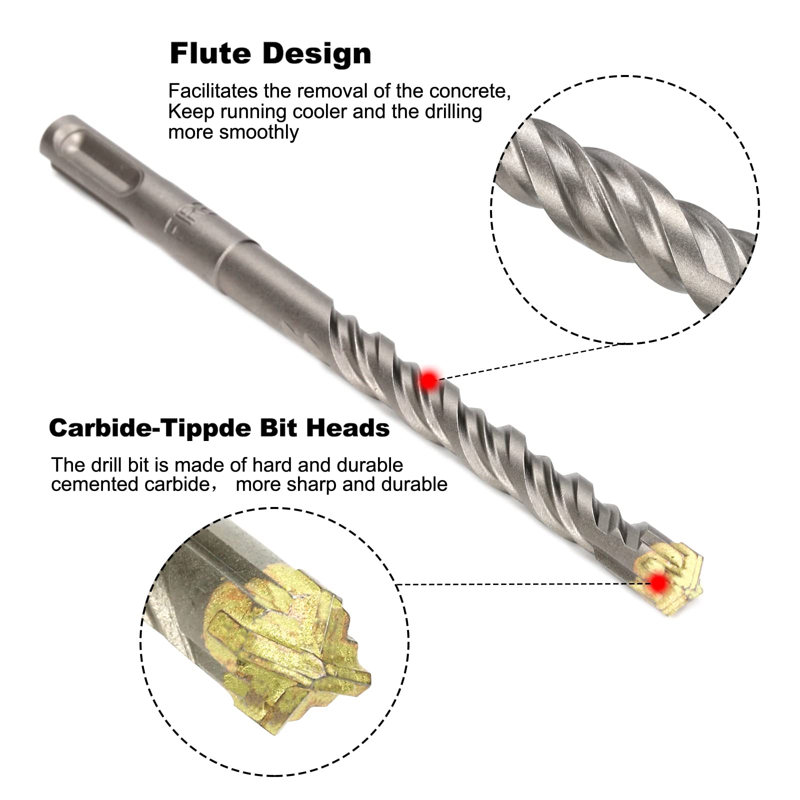 SDS Drill Bit Set, Firecore SDS Plus Concrete Drill Set 7 Pieces(5mm,6mm×2,8mm×2,10mm,12mm-Concrete Drill Bit 160mm, SDS Masonry Drill Bit for SDS Plus Hammer Drill, Carbide Drill Bit for Concrete