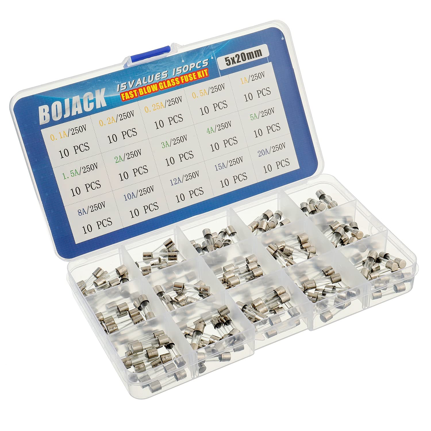 BOJACK 15 Values 150pcs Fast blow Glass Fuses Assortment Kit 5x20mm 250V 0.1 0.2 0.25 0.5 1 1.5 2 3 4 5 8 10 12 15 20A packag in a clear plastic box