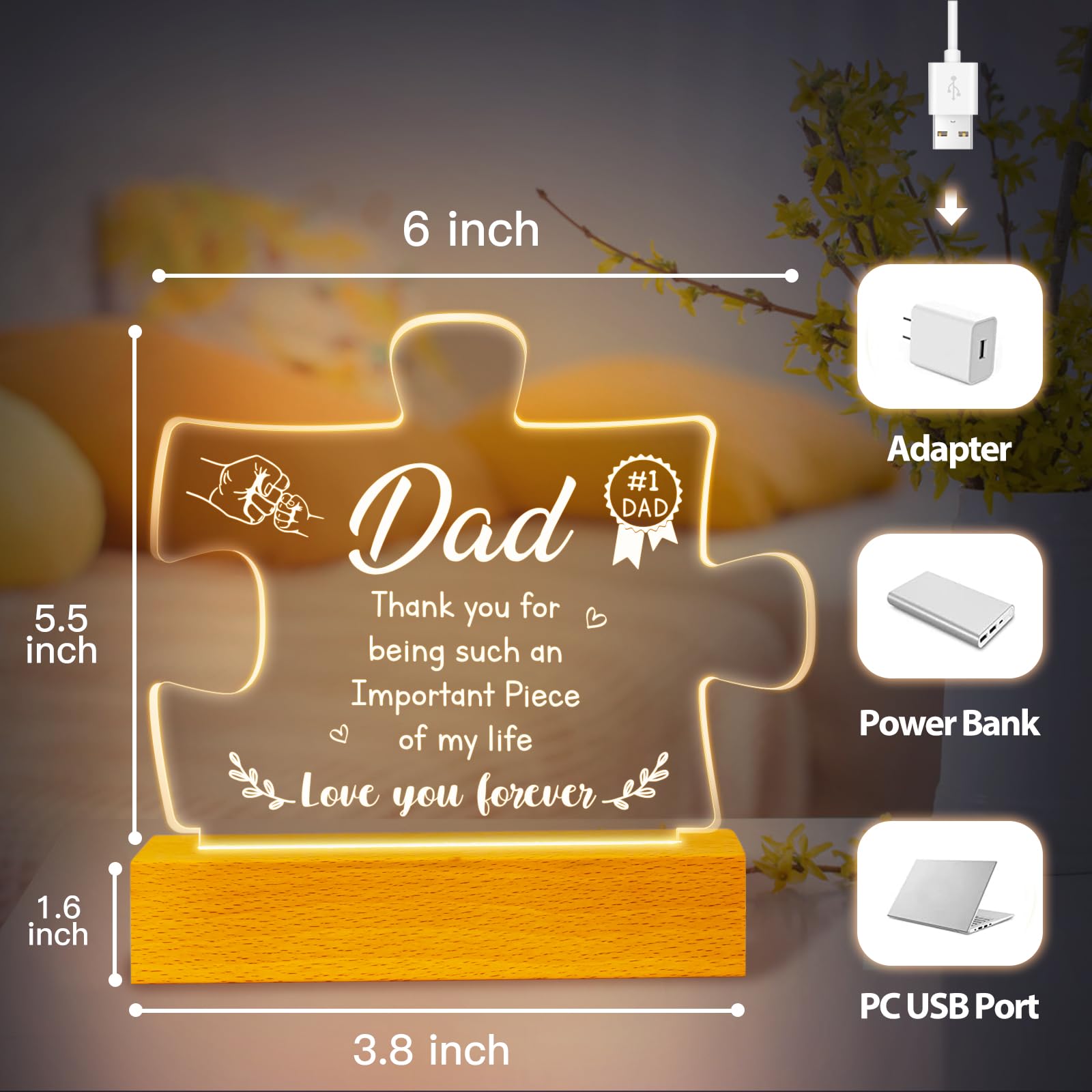 Vetbuosa Gifts for Dad - Acrylic Puzzle Night Light, Christmas Gifts for Dad, Dad Gifts with Warm Words, Birthday Gifts for Dad, Dad Gifts from Daughter, Dad Birthday/Thanksgiving/Christmas Gifts.