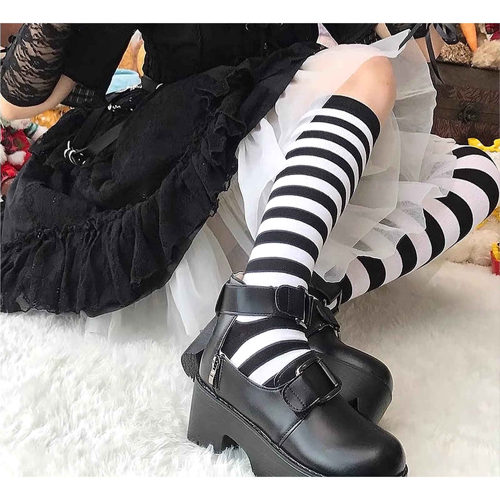 Andiker 1 Pair Over Knee High Socks for Women, Soft Long Stripe Knee Thigh Boot Warm Stockings Cotton Knee Highs Socks for Cosplay Daily Wear (black-white stripe)