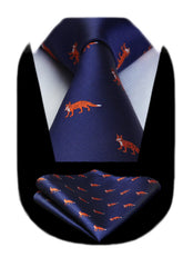 HISDERN Fox Tie for Men Navy Blue Ties Handkerchief Novelty Animal Pattern Wedding Necktie & Pocket Square Set