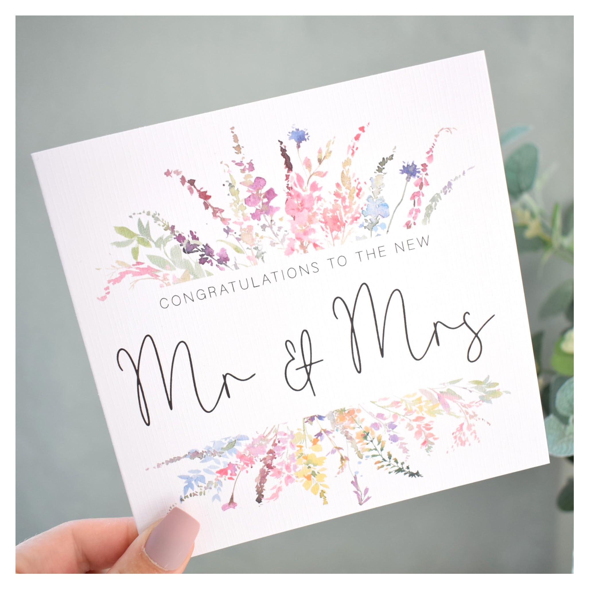 To the New Mr & Mrs Card   Wedding Day Congrats Card   Card Husband Wife   Rainbow Florals   148mm Square Modern Greeting Card