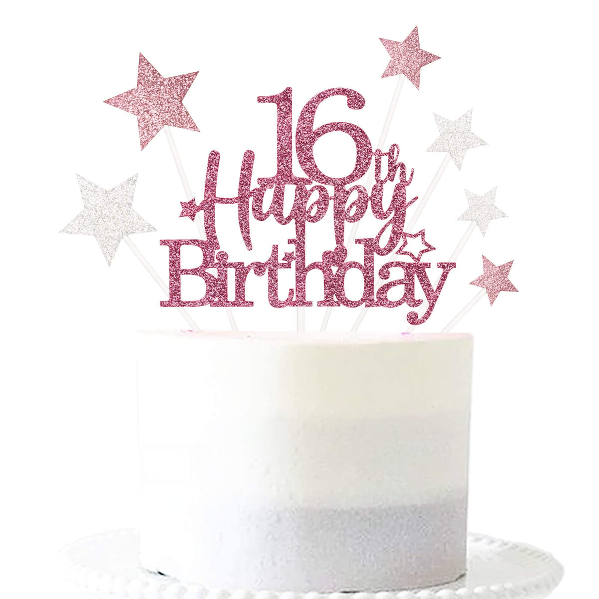 Glittery 16th Happy Birthday Cake Topper with Star,16 Birthday Cake Toppers Party Decorations Party Supplies for Girls Rose Gold