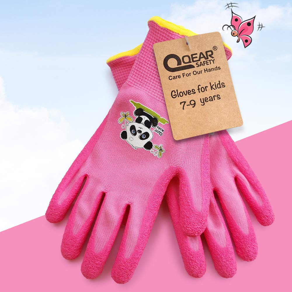 QEARSAFETY 1 Pair 7-9 Years Junior Garden Gloves, Girl Pink,DIY, Outdoors, Knitted Liner,Latex Rubber Coated Palm Water/Dirty Resistance And Grip (7-9 years pink)