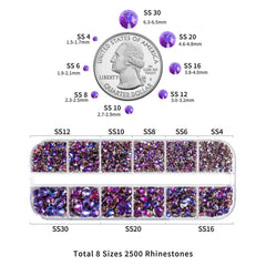 Beadsland Rhinestones for Makeup,8 Sizes 2500pcs Purple Flatback Rhinestones Eye Gems for Nails Crafts with Tweezers and Wax Pencil,Purple Velvet,SS4-SS30