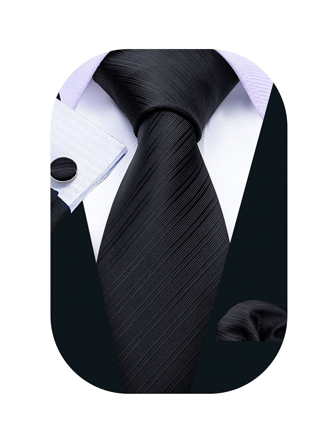 Barry.Wang Solid Black Ties for Men Funeral Striped Necktie Pocket Square Cufflinks Set