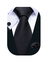 Barry.Wang Solid Black Ties for Men Funeral Striped Necktie Pocket Square Cufflinks Set