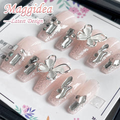 Press On Nails, Acrylic Handmade Stick on Nails, 24pcs 3D Butterfly False Nails with Glue Long Coffin Shape Luxury Design Fake Nails for Women Girls on Wedding Parties (3D Butterfly)