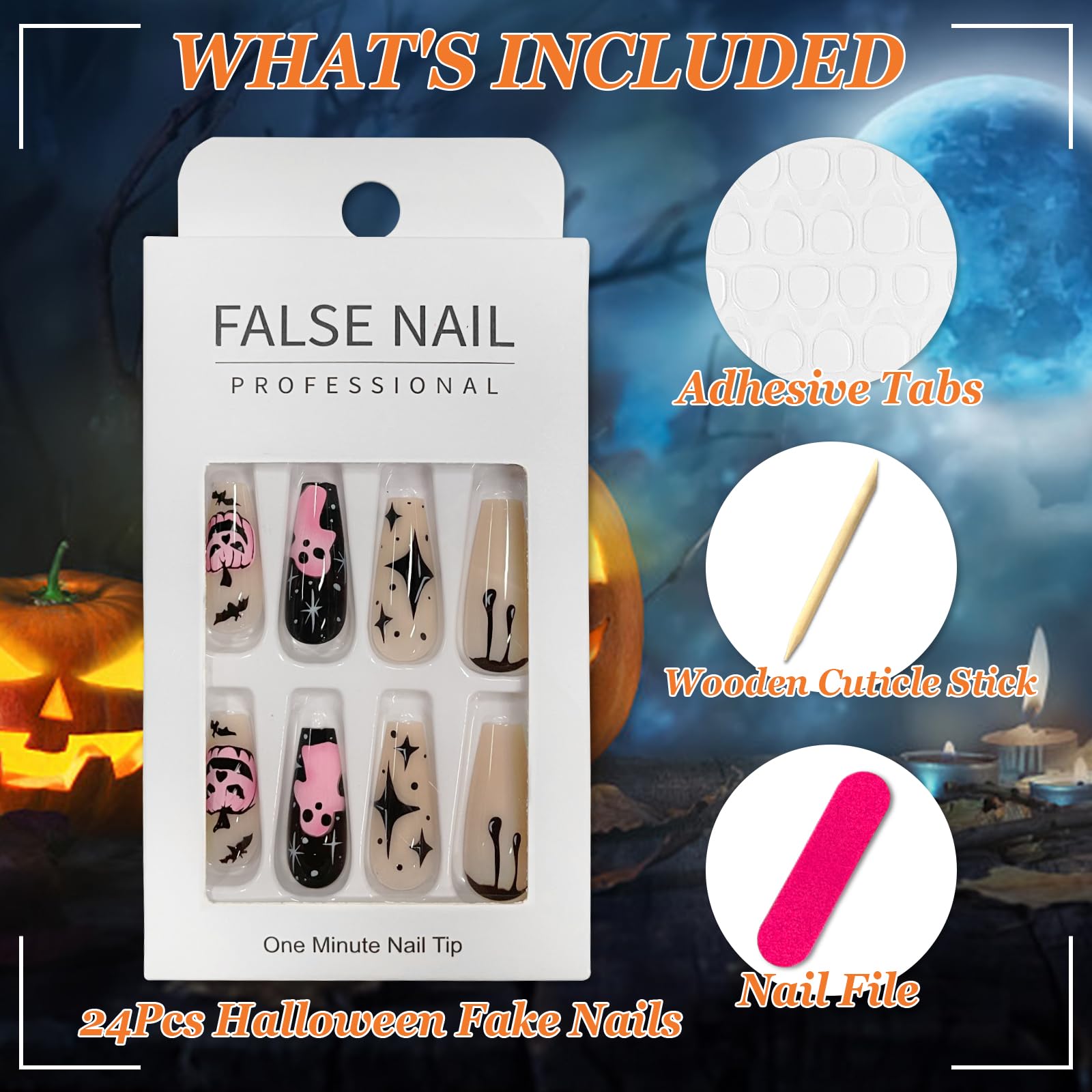 Ceboic 24Pcs Halloween False Nails Long Coffin, French Tips False Nails Glossy Pink Pumpkin Press on Nails Cute Acrylic Full Cover Stick on Nails for Women and Girls DIY Nails Art