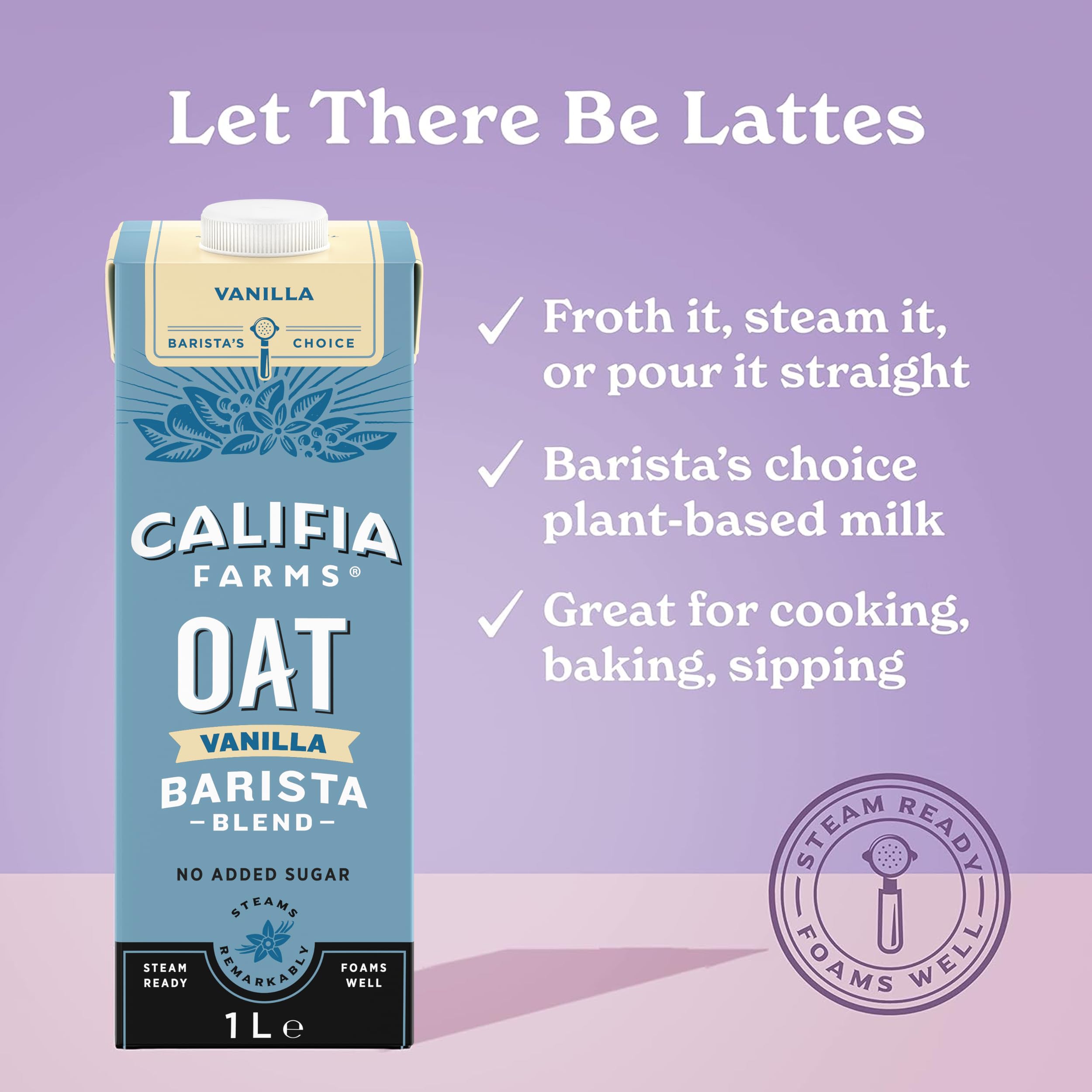 Califia Farms Vanilla Oat Barista Blend Drink - Vanilla Flavour Barista Blend With Calcium & Vitamin D - Dairy Free, Lactose Free & Vegan 6 x 1L