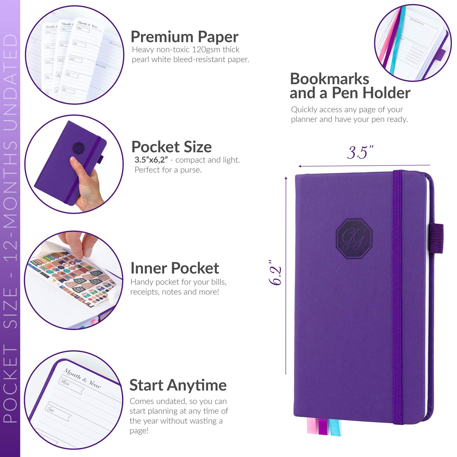 GoGirl Planner and Organizer for Women – Pocket Weekly Planner, Goals Journal & Agenda for Time Management & Productivity. Undated (Purple)