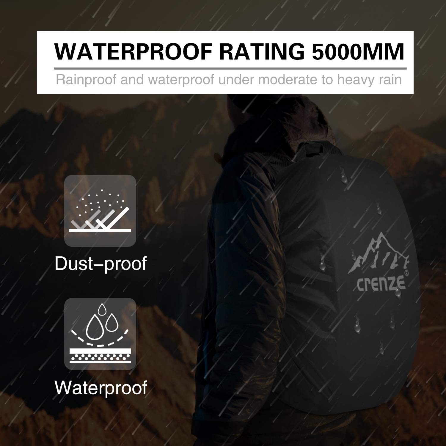 Crenze Backpack Rain Cover, 15-90L Waterproof Rucksack Cover with Reflective for Hiking Camping Traveling Cycling