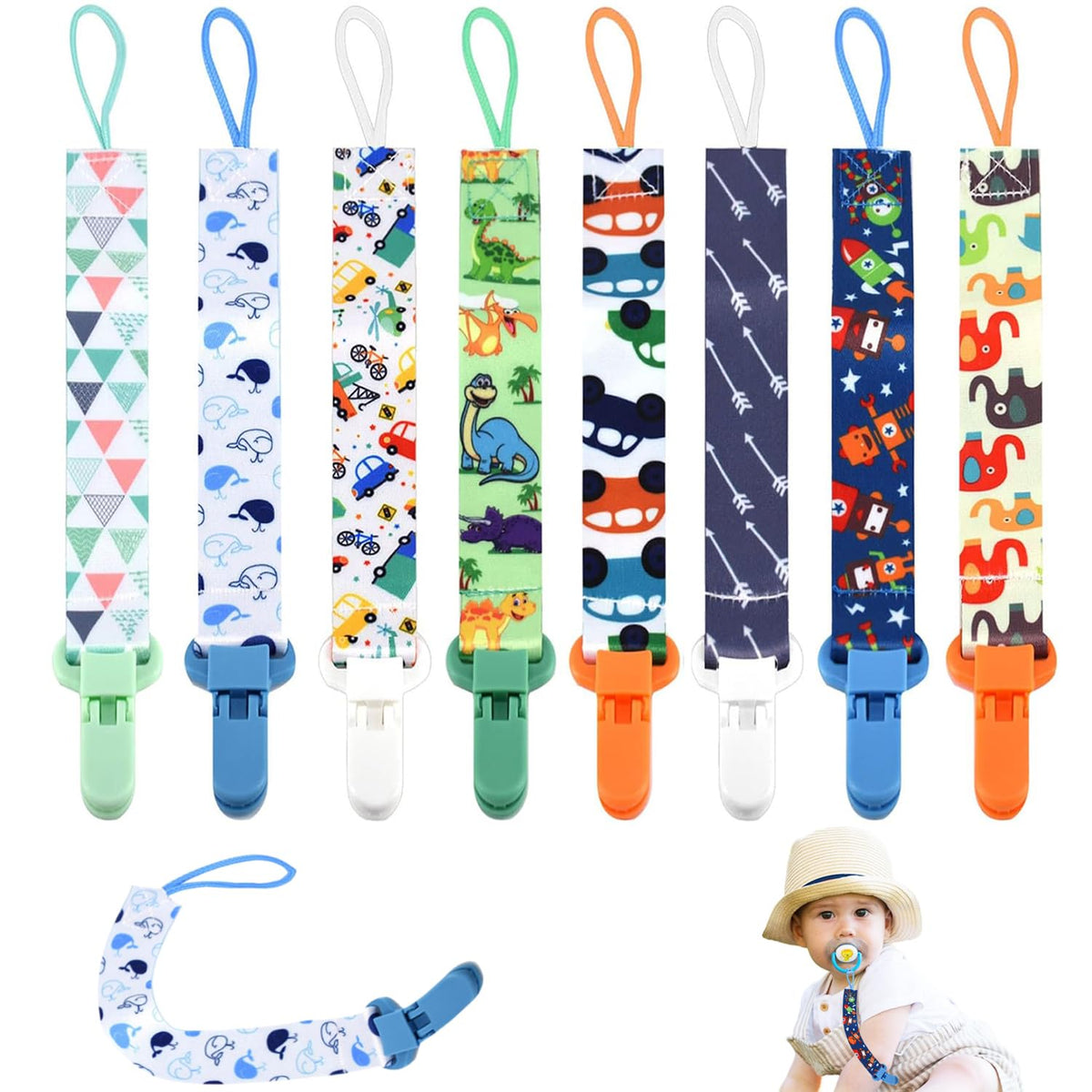 8Pcs Dummy Clip Boys, Baby Pacifier Holders Soother Clips Chain Personalised Dummy Clips for Boys Silicone Ring Adapter for All Dummies Soothers Newborn Essentials