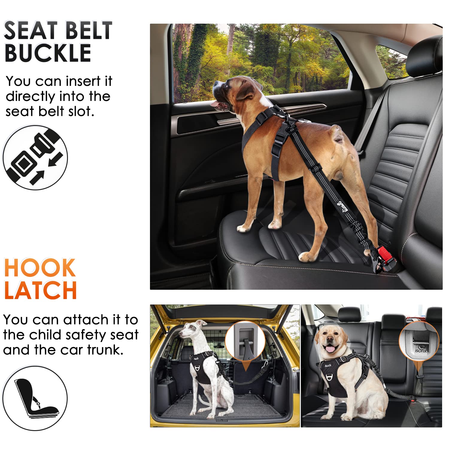 Eyein Dog Seat Belt, 2 in 1 Attachment Dog Car Harnesses Belt, Hook Latch Bar & Seatbelt Buckle with Anti Shock Elastic Nylon Bungee Buffer, Pet Safety Belts for Vehicle(Black,90cm)