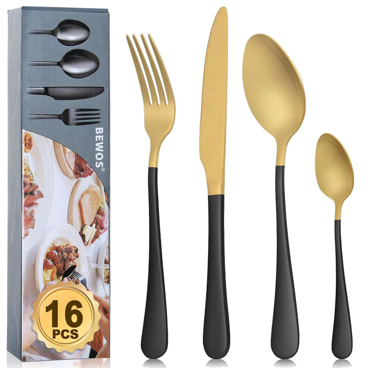 BEWOS 16 Pieces Gold and Black Cutlery Set for 4, Food Grade Stainless Steel Tableware Includes Forks, Steak Knives and Spoons, Dishwasher Safe Silverware Set, Upgraded Mattgold Colorful Design