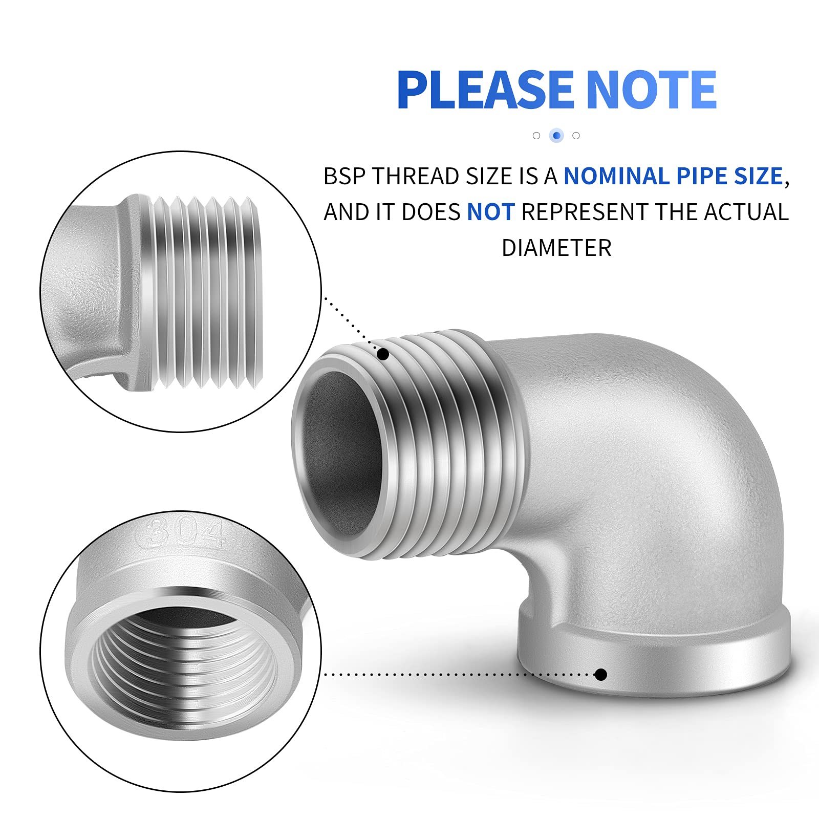 ERGAOBOY 2 Pcs 3/8 inches Male to 3/8 inches Female BSP Pipe Fittings 304 Stainless Steel 90 Degree Elbow Connectors