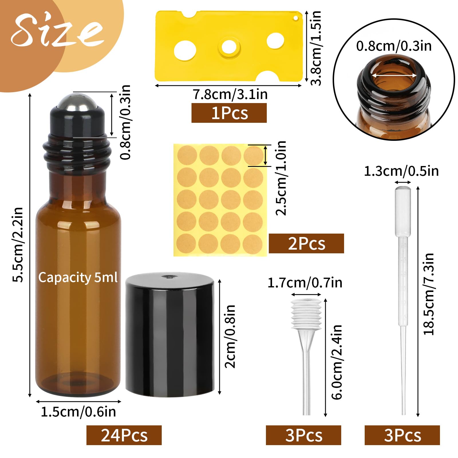 Ailvor 24pcs Essential Oils Roller Bottles, 5ml Roll on Bottles with Stainless Steel Ball, Glass Roller Bottles with Bottle Opener, Dropper, Pipette, Label for Essential Oils, Fragrance, Aromatherapy…