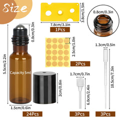 Ailvor 24pcs Essential Oils Roller Bottles, 5ml Roll on Bottles with Stainless Steel Ball, Glass Roller Bottles with Bottle Opener, Dropper, Pipette, Label for Essential Oils, Fragrance, Aromatherapy…