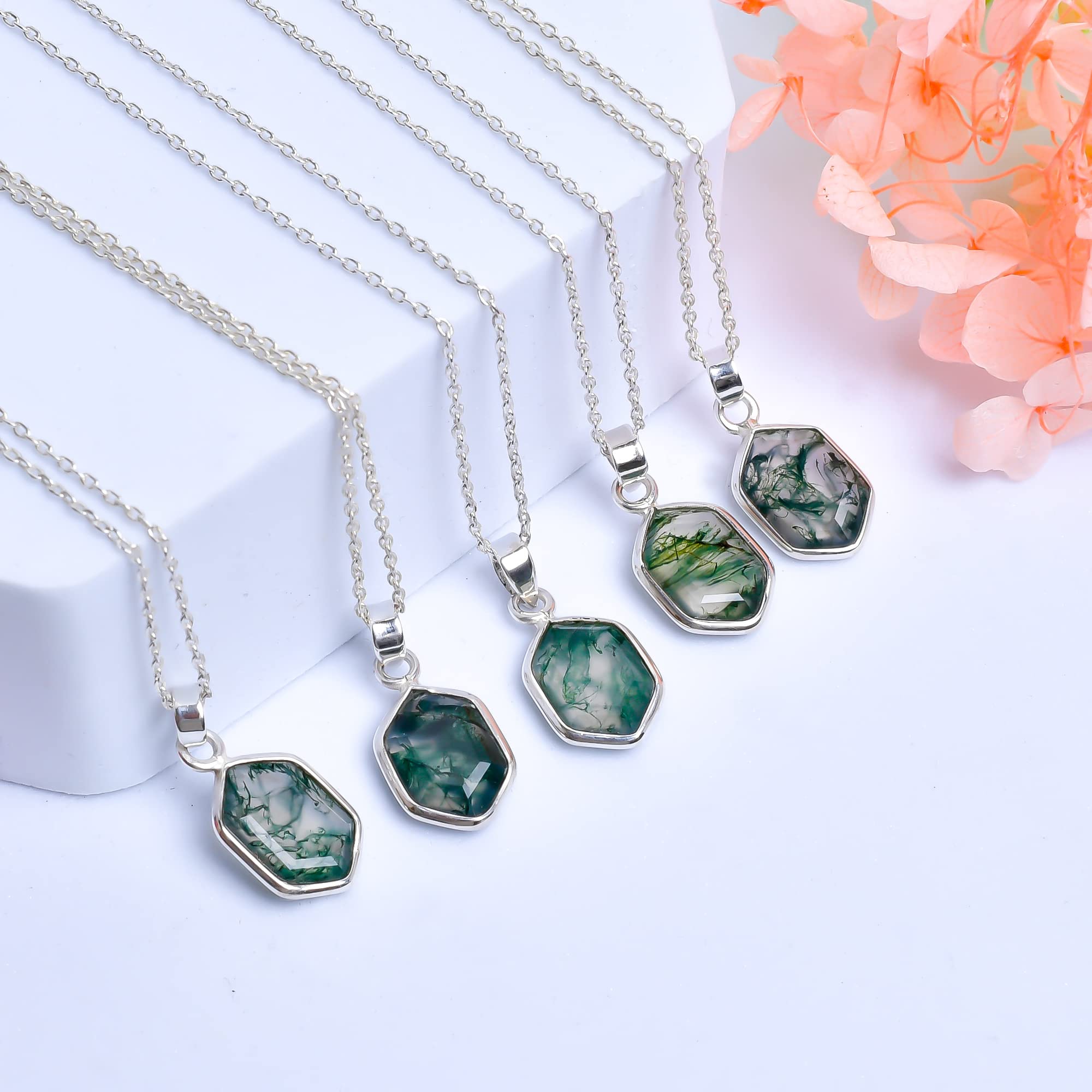 GEMKORA Real Moss Agate Hexagon Bezel Gemstone Dainty Pendant Necklace, Healing Chakra Stone, Birthstone, Natural Crystal, Women Jewelry, Energy Stone, Gift Giving 925 Sterling Silver Chain 18 inch